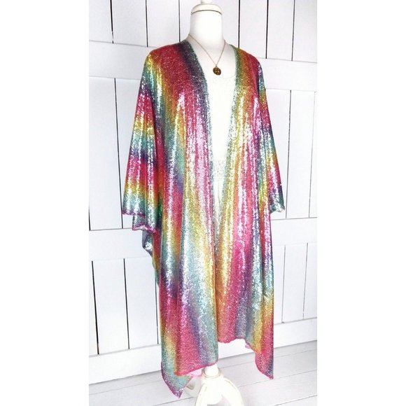 Rainbow striped sequins kimono cardigan jacket - Picture 2 of 6